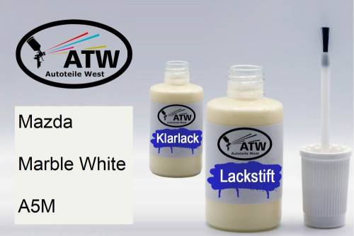 Mazda, Marble White, A5M: 20ml Lackstift + 20ml Klarlack - Set, von ATW Autoteile West.